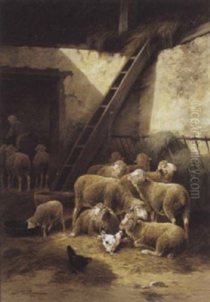 Schapen In De Stal Oil Painting by Jules Bahieu