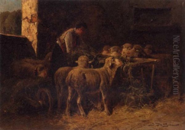 Sheep With A Shepherd In A Barn Oil Painting by Jules Bahieu