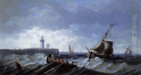 Havengezicht Met Vuurtoren Oil Painting by Jules Bahieu