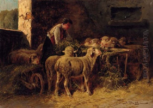 Sheep With A Shepherd In The Barn Oil Painting by Jules Bahieu