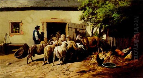 A Shepherd With His Flock Returning Home Oil Painting by Jules Bahieu