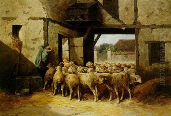 A Shepherd And His Flock Returning Home Oil Painting by Jules Bahieu