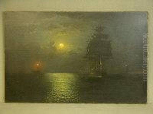 Clipper On A Calm Night Under A Full Moon Oil Painting by E. Adams