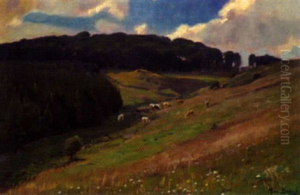 Hessische Landschaft Mit Viehherde Oil Painting by Hermann Bahner