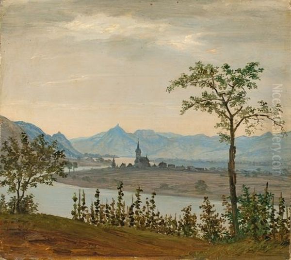 The Rhine At Unkel, In The Background The Rolandseck And Drachenfels Castles Oil Painting by Johann Karl Baehr