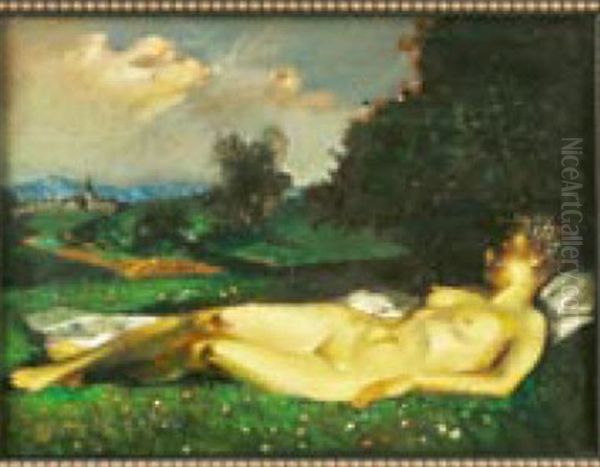 Liegender Weiblicher Akt Auf Einer Wiese Vor Landschaft Oil Painting by Theodor Baierl