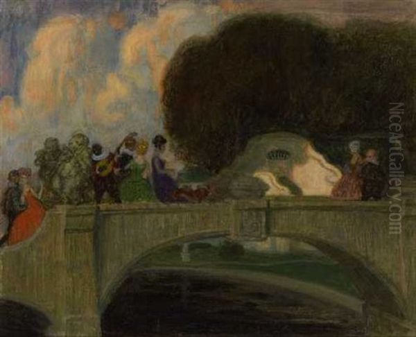 Frohliche Gesellschaft Auf Der Brucke Im Park Oil Painting by Theodor Baierl