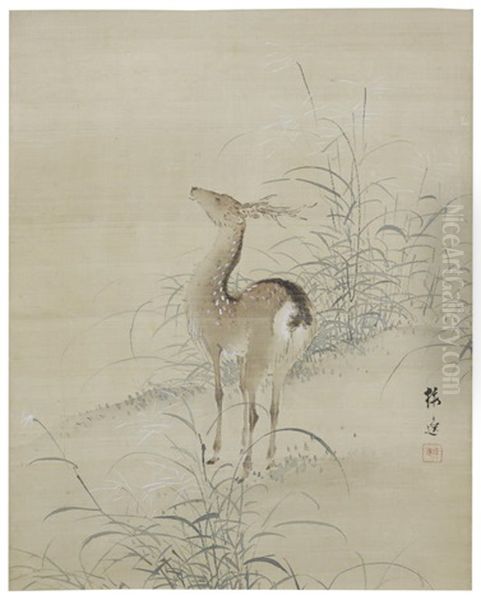 Deer And Grasses Oil Painting by Yamamoto Baiitsu