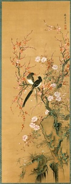 Couple De Pies Pose Sur Des Branches De Cerisiers En Fleurs by Yamamoto Baiitsu