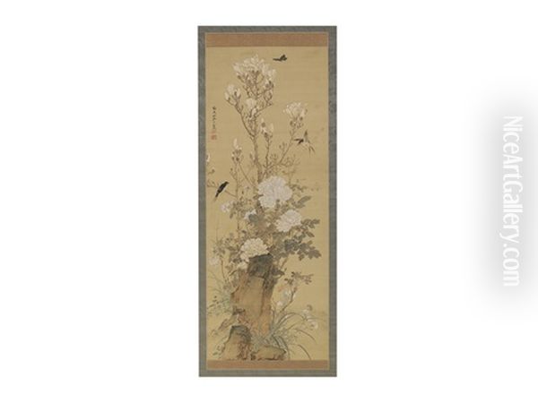 Figure Of Flower And Bird Oil Painting by Yamamoto Baiitsu