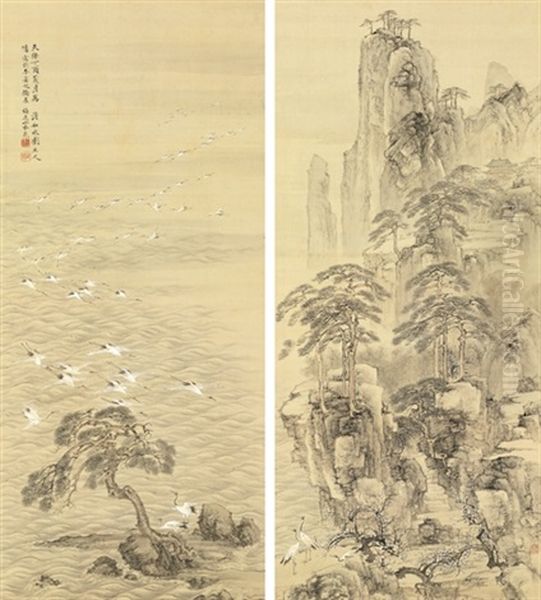 Mount Horai And Cranes (+ Another; Pair) Oil Painting by Yamamoto Baiitsu