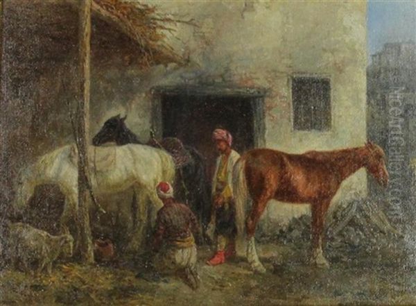 At Blacksmith's In Caucasus Village, 1883 Oil Painting by Theodor Ilich Baikoff