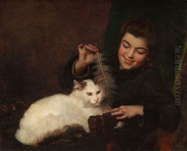 Portrait Of A Girl With Cat Oil Painting by Antoine Jean Bail