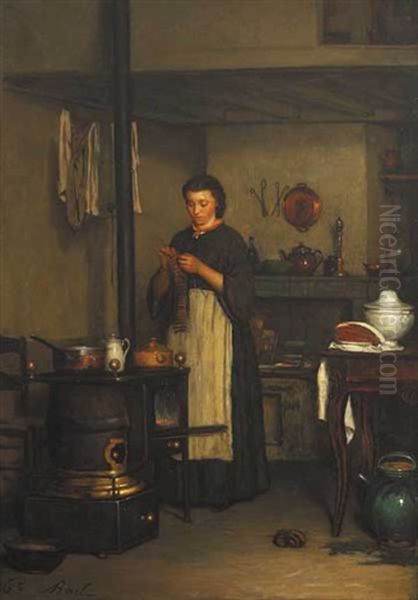 Kitchen Interior With Young Woman Knitting Oil Painting by Antoine Jean Bail