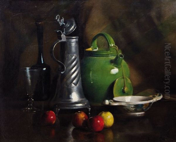 Stilleben Mit Zinnkrug, Langhalsflasche, Glaspokal, Fayencekrug, Schale Mit Apfeln Oil Painting by Franck Antoine Bail