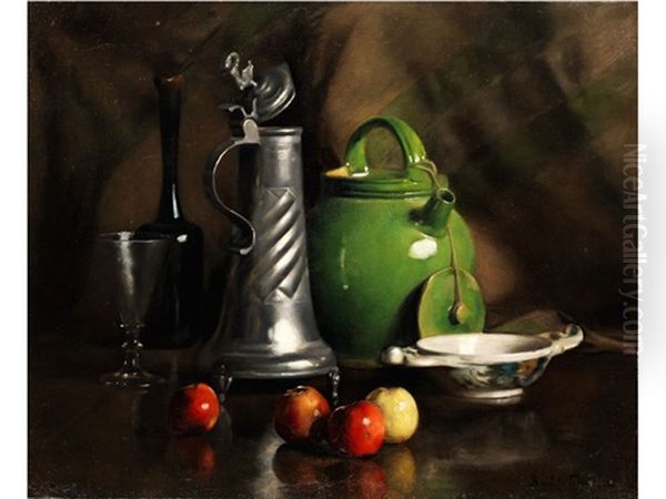 Stilleben Mit Krugen Und Obst, Zinnkanne Und Weinglasflasche Oil Painting by Franck Antoine Bail