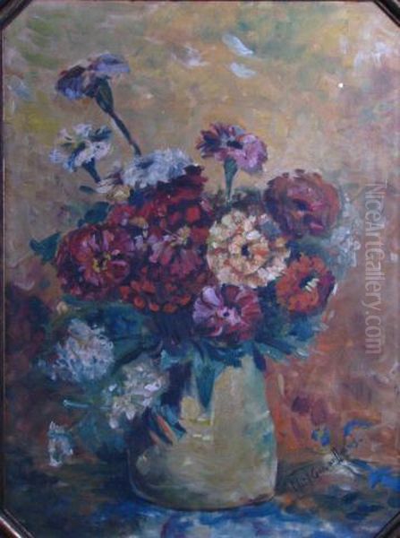 Depicting Zinnias In A Pitcher, 
Quarter-inch Symmetric Hole In Upper Right Quadrant Oil Painting by Edith Gordon Adams