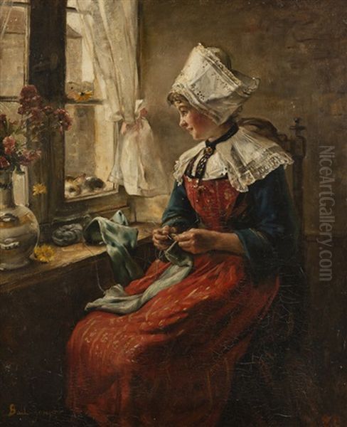 Young Girl Sewing Near A Window Oil Painting by Joseph Bail