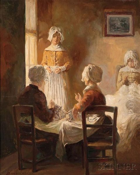 A Pause In The Day's Needlework Oil Painting by Joseph Bail