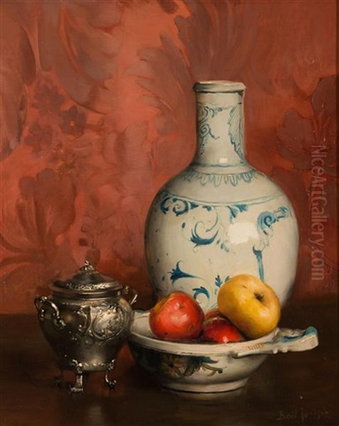 Still Life: Apples In A Porceain Dish, A Blue And White Vase, And A Silver Sugar Bowl Oil Painting by Joseph Bail