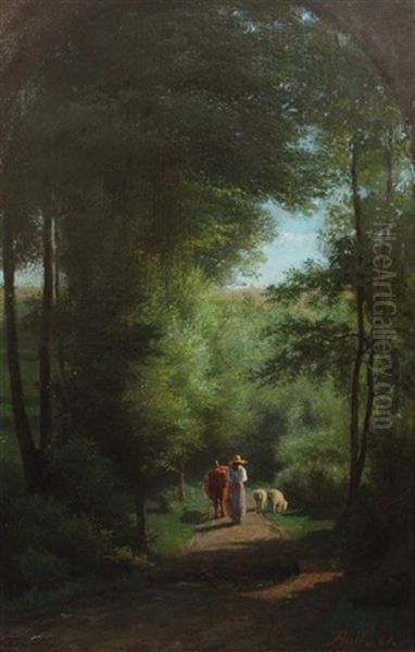 Cow Herd On A Lane In Woodland And Painted With Faux Arch Oil Painting by Joseph Bail