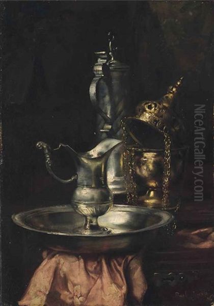 A Silver Jug And Bowl On A Wooden Ledge by Joseph Bail