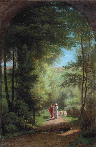 Guiding A Cow On A Country Path Oil Painting by Joseph Bail