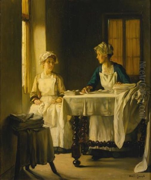 Interior With Two Women Folding Sheets Oil Painting by Joseph Bail