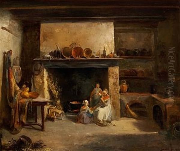 Kitchen Interior With Two Women And Agirl At The Fireplace Oil Painting by Joseph Bail