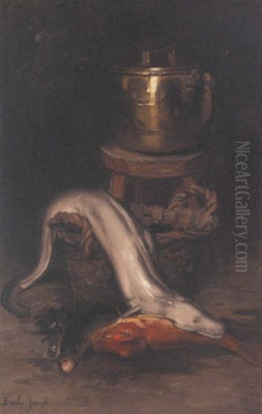 A Basket Of Fish With A Brass Cauldron Oil Painting by Joseph Bail