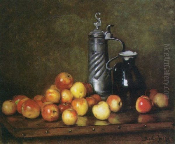 Apples With A Tankard And A Jug On A Table Oil Painting by Joseph Bail