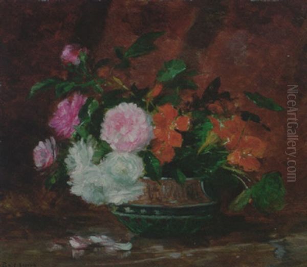 Chrysanthemums And Nasturtiums In A Bowl, On A Table by Joseph Bail