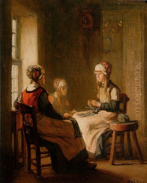 An Interior With Marken Girls Knitting Oil Painting by Joseph Bail