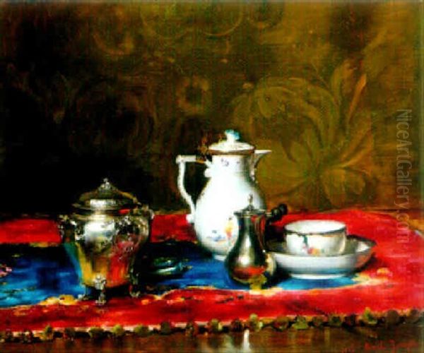 Tea Pot, Glass And Flowers Oil Painting by Joseph Bail