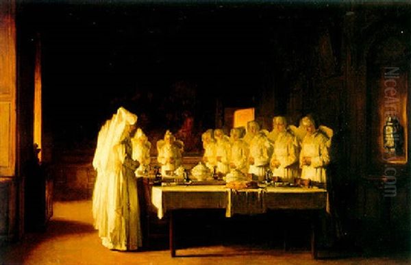 Sisters Of Charity Saying Grace Before A Meal At The Hospice In Beaune, France Oil Painting by Joseph Bail