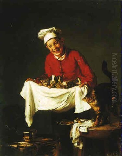 A Boy With Kittens And Dogs Oil Painting by Joseph Bail