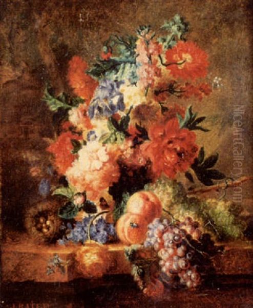 Bouquet De Fleurs, Grappe De Raisins Et Peches Oil Painting by Joseph Baile