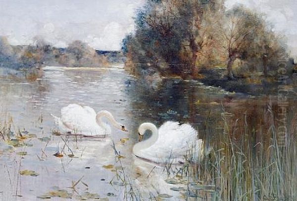 A River Landscape With Swans (+ Another; Pair) Oil Painting by Albert E. Bailey