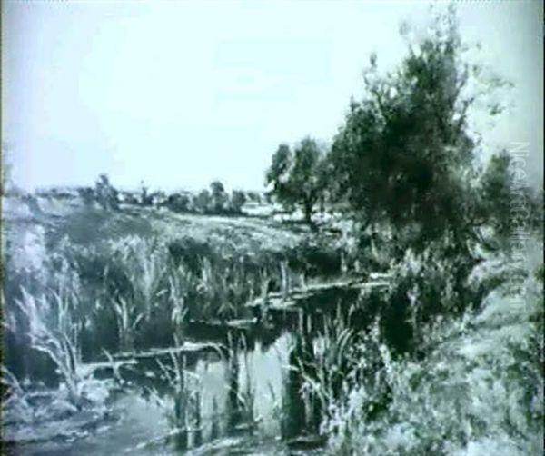 River With Sheep Grazing In Distance Oil Painting by Albert E. Bailey