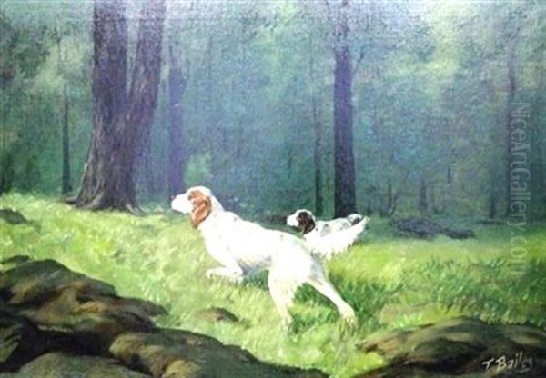 Pointers In A Wood Oil Painting by Henry T(urner) Bailey