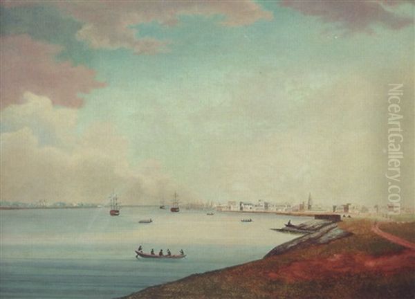 View Of The Hooghly River, Calcutta, Looking Upriver Oil Painting by William (Captain) Baillie