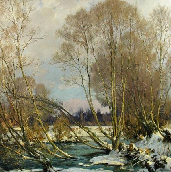 Pollards By A Stream In Winter Oil Painting by Harry William Adams