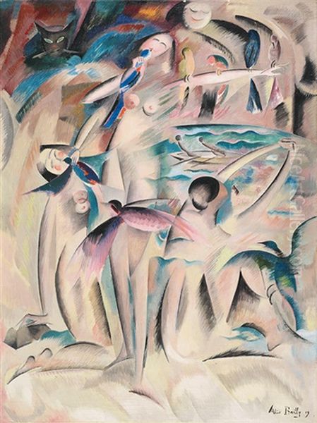 Femme Aux Oiseaux - Composition Aux Oiseaux Oil Painting by Alice Bailly