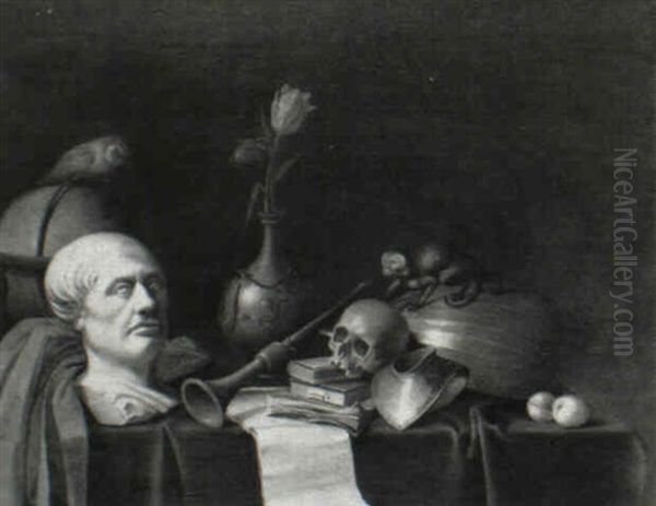 Still Life With A Bust, Books, A Lute, A Horn, A Vase With  Flowers, A Skull, A Globe, A Monkey And Owl: A Vanitas Oil Painting by David Bailly