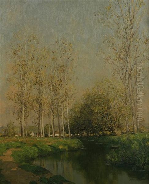 A River Landscape Oil Painting by Marcel Adolphe Bain