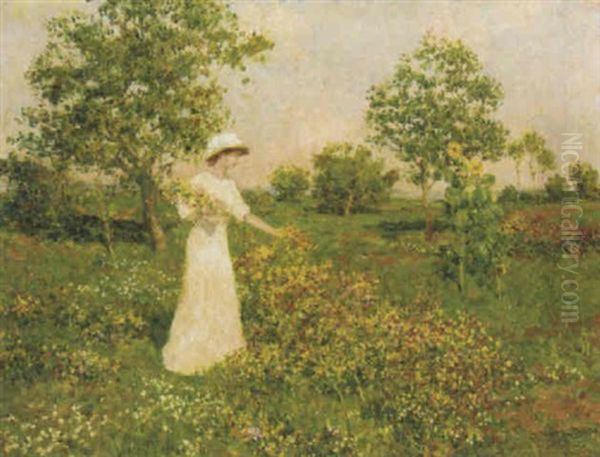 A Girl Picking Flowers by Marcel Adolphe Bain