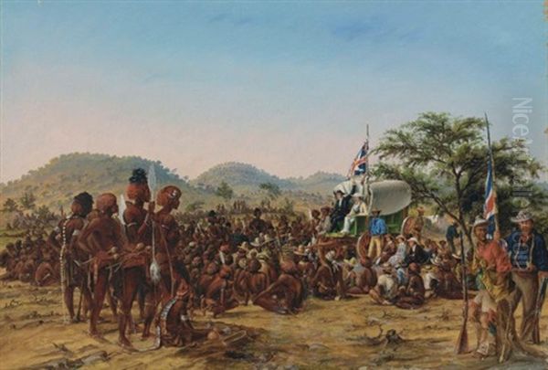 The Reved. C.h. Hahn, Addressing The Damara Commando Mustered At Dabbie Choup, Under C.j. Andersson And F. Green, To Attack The Namaqua Hottentots Under Jan Jonker. Monday June 6th Oil Painting by John Thomas Baines