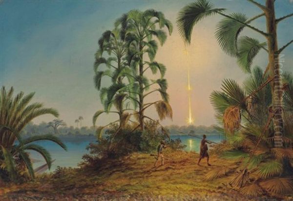 Searching For Hippopotami On An Island In The Zambezi About Two Miles Above The Falls, Young Palms Before The First Leaves Are Shed - And Brilliant Meteor (brilliant Meteor On The Zambezi River Oil Painting by John Thomas Baines