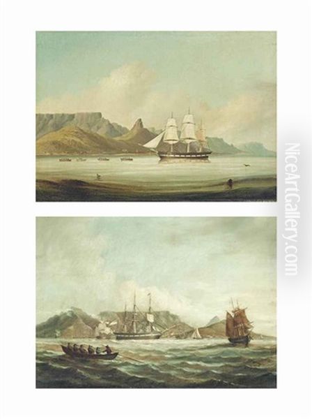 The American Brig Corsica Under Tow In A Flat Calm Entering Table Bay; The American Brig Corsica Lying In Table Bay (2 Works) Oil Painting by John Thomas Baines