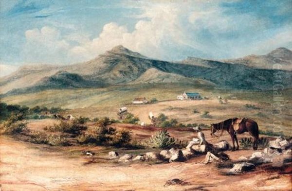 The Artist And His Mount Overlooking A Valley In The Eastern Cape, With A Wagon Train Passing A Farm Below Oil Painting by John Thomas Baines